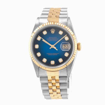 Rolex Datejust 36 16233 Blue Vignette Diamond Steel Yellow Gold Mens Watch 1996