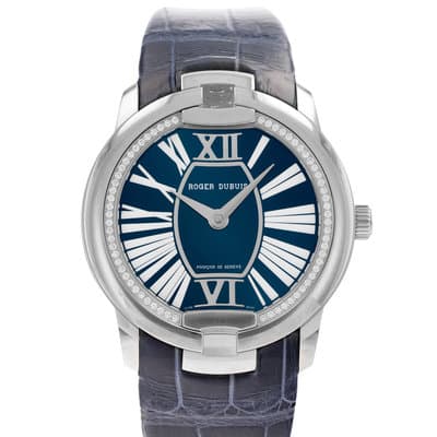 Roger Dubuis Velvet 36 DBVE0048 Blue Roman Gold Diamond Bezel Leather Mens Watch