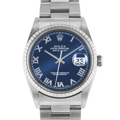 Rolex Datejust 36 16220 Blue Roman Steel Engine Turned Oyster Mens Watch 1991