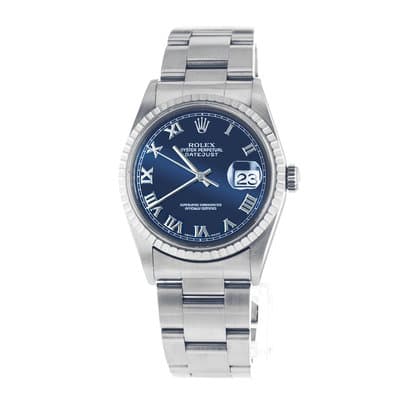 Rolex Datejust 36 16220 Blue Roman Steel Engine Turned Oyster Mens Watch 1991