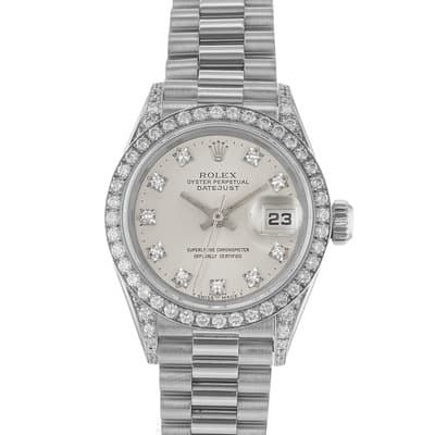 Rolex Datejust 26 69159 Silver Factory Diamonds White Gold Ladies Watch 1991