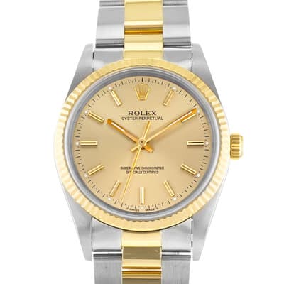 Rolex Oyster Perpetual 34 14233 Champagne Index Steel Gold Mens Watch 1999