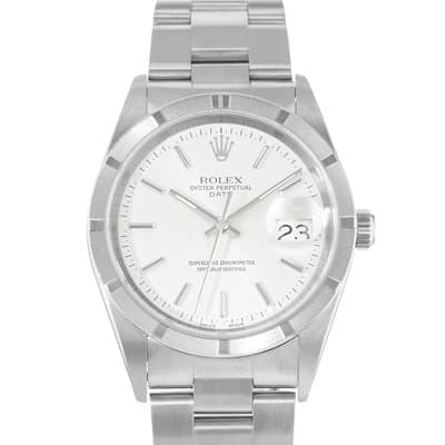 Rolex Oyster Perpetual Date 34 15210 Silver Engine Turned Steel Mens Watch 2003