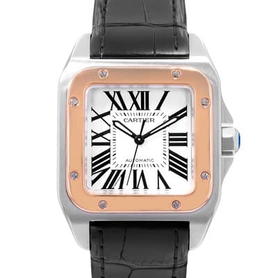 Cartier Santos 100 W20107X7 2878 33mm Silver Steel Rose Gold Leather Mens Watch