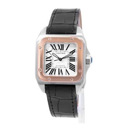 Cartier Santos 100 W20107X7 2878 33mm Silver Steel Rose Gold Leather Mens Watch