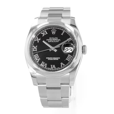 Rolex Datejust 36 116200 Black Roman Steel Smooth Oyster Mens Watch 2010