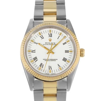 Rolex Oyster Perpetual 34 14233 34mm White Roman Yellow Gold Mens Watch 1993