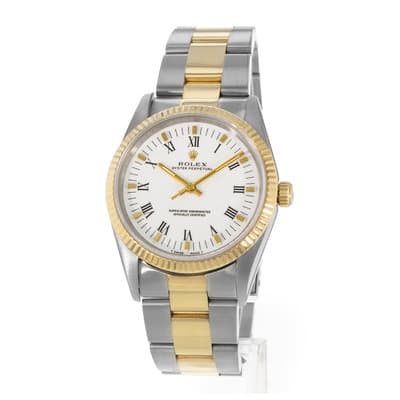 Rolex Oyster Perpetual 34 14233 34mm White Roman Yellow Gold Mens Watch 1993