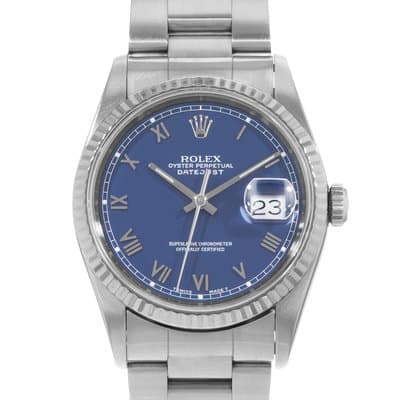 Rolex Datejust 36 16234 Blue Roman Steel White Gold Oyster Mens Watch 1993