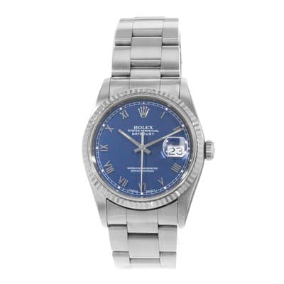 Rolex Datejust 36 16234 Blue Roman Steel White Gold Oyster Mens Watch 1993