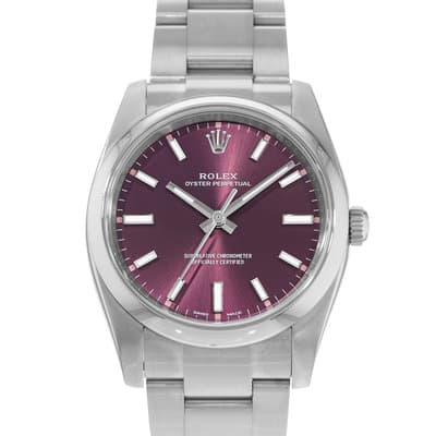 Rolex Oyster Perpetual 34 114200 Red Grape Purple Index Steel Oyster Mens Watch