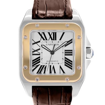 Cartier Santos 100 W20072X7 2656 38mm White Roman Steel Gold Leather Mens Watch