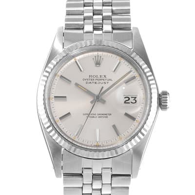 Rolex Datejust 36 1601 Silver Index Fluted White Gold Jubilee Mens Watch 1974