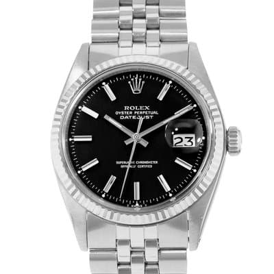 Rolex Datejust 36 1601 Black Vintage Index Steel White Gold Mens Watch 1972