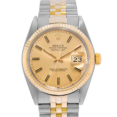 Rolex Datejust 36 16013 Champagne Index Fluted Steel Yellow Gold Mens Watch 1980