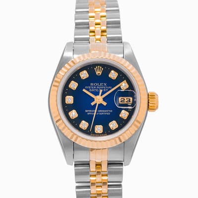 Rolex Datejust 26 69173 Blue Vignette Diamond Yellow Gold Ladies Watch 1993
