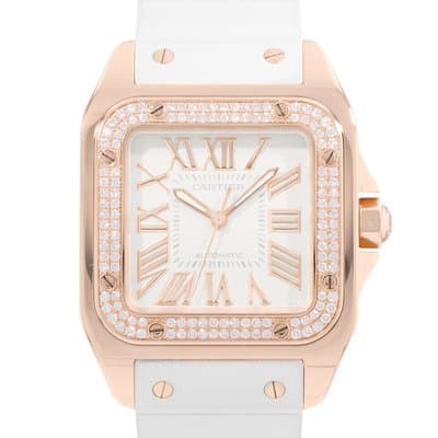 Cartier Santos 100 WM50450M 2879 36mm Medium Silver Rose Gold Diamond Mens Watch