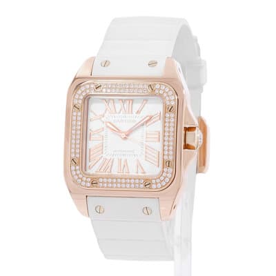 Cartier Santos 100 WM50450M 2879 36mm Medium Silver Rose Gold Diamond Mens Watch
