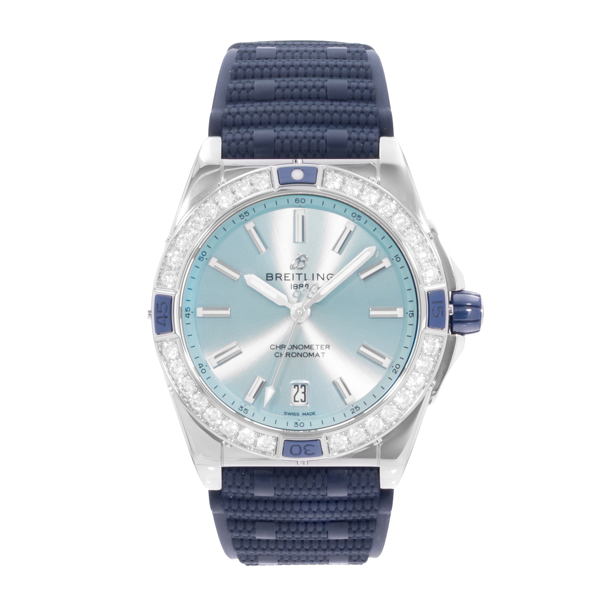 Breitling Chronomat A17356531C1S1 28mm Blue Diamonds Steel Mens Wat Box Card