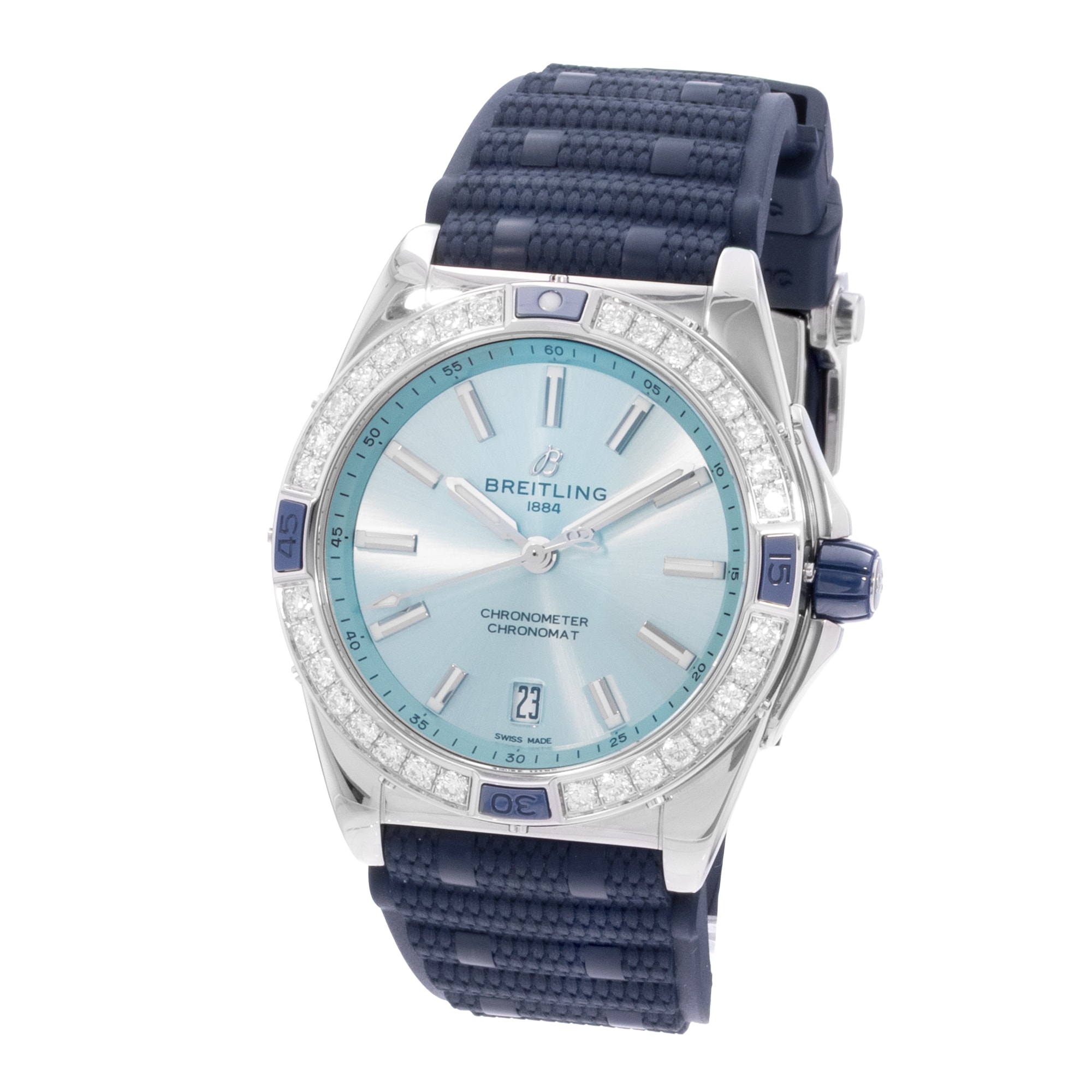 Breitling Chronomat A17356531C1S1 28mm Blue Diamonds Steel Mens Wat Box Card